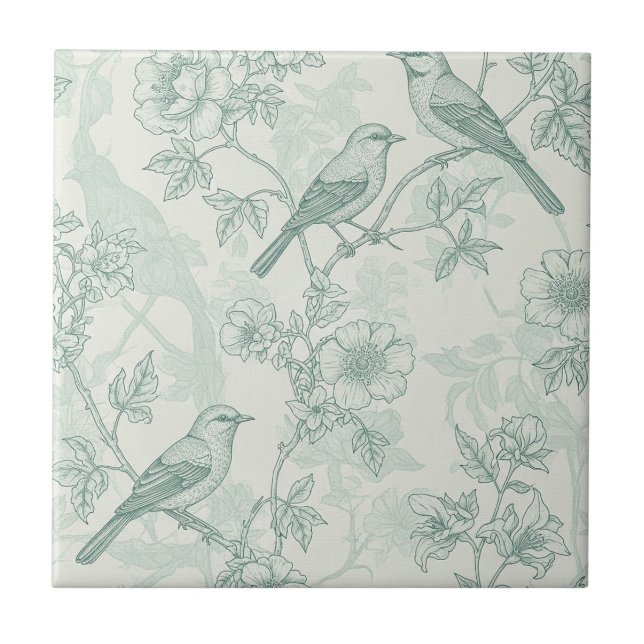 Classic Cream Mint Bird Garden Toile Pattern Tile (Front)