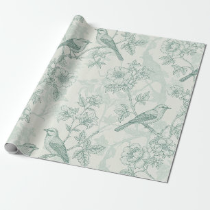 Classic Cream Mint Bird Garden Toile Pattern Wrapping Paper