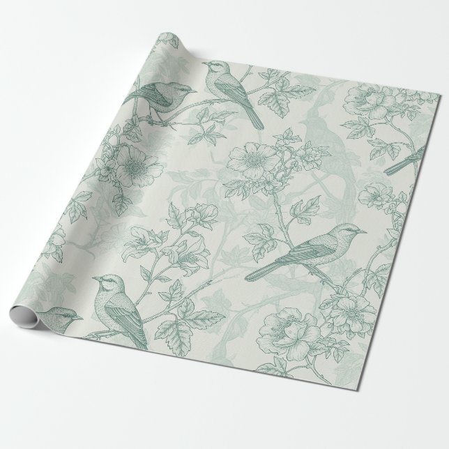 Classic Cream Mint Bird Garden Toile Pattern Wrapping Paper (Unrolled)