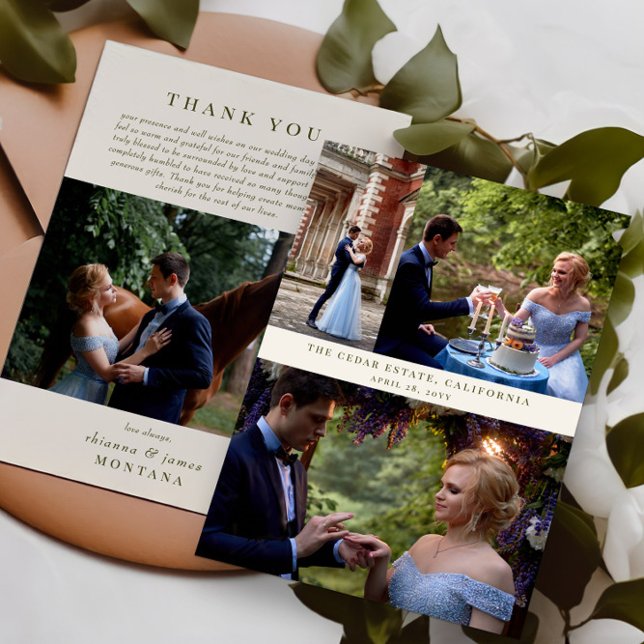 Classic Cream Olive Green Photo Collage Wedding Thank You Card (Wedding photo thank you card from the Country Lake wedding collection by Darling & May)