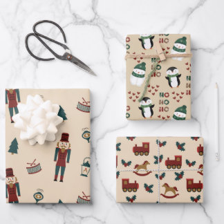 Classic Cream Red & Green Christmas Cuties Wrapping Paper Sheet