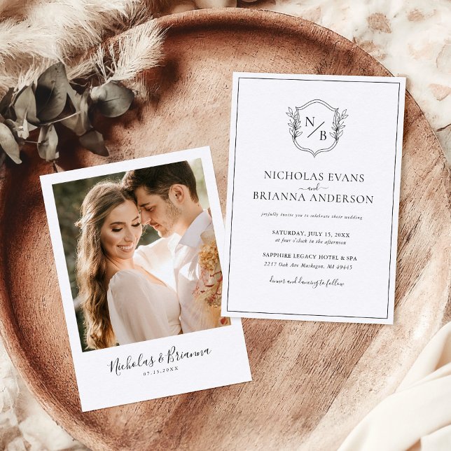 Classic Crest Black White Monogram Wedding Photo Invitation (Creator Uploaded)