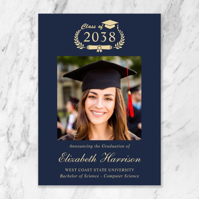 Classic Crest Blue Gold Photo College Graduation Announcement (Classic Crest Blue Gold Photo College Graduation Announcement)