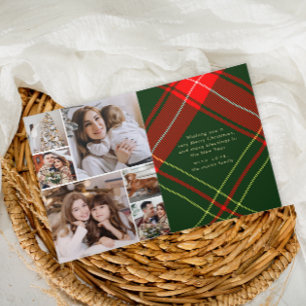 Classic Crest Christmas Red Plaid Photo Collage Holiday Card