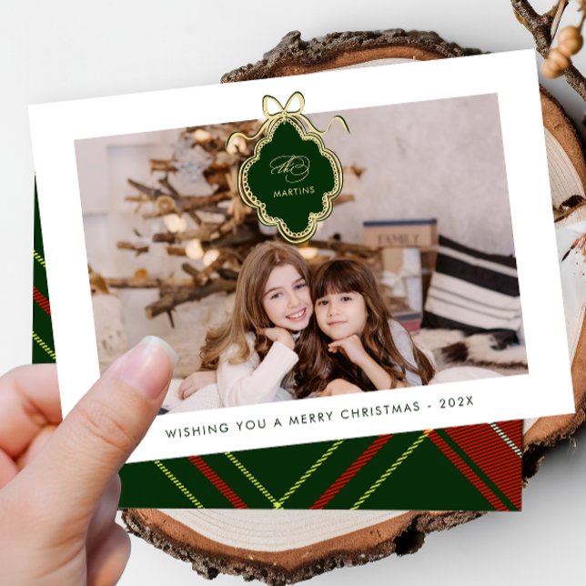 Classic Crest Christmas Red Plaid Photo Holiday Card (Creator Uploaded)
