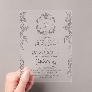 Classic Crest Minimalist Simple Monogram Wedding Acrylic Invitations