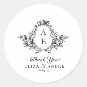 Classic Crest Monogram Black and White Wedding Classic Round Sticker