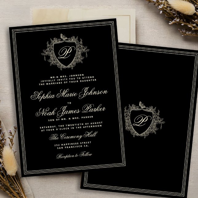 Classic crest monogram black ivory wedding invitation (Creator Uploaded)