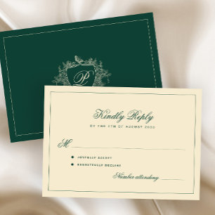 Classic crest monogram emerald green wedding RSVP card