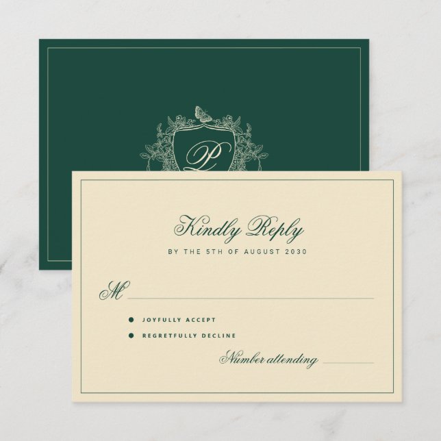 Classic crest monogram emerald green wedding RSVP card (Front/Back)