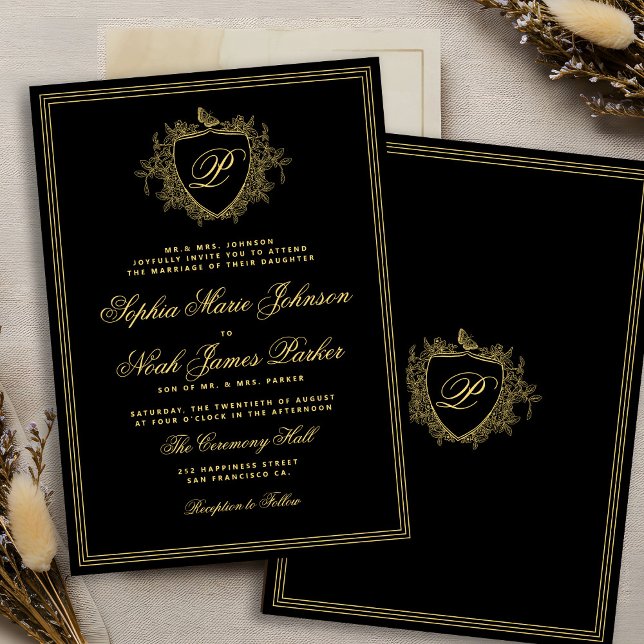 Classic crest monogram gold black wedding invitation (Creator Uploaded)