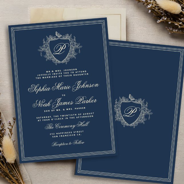 Classic crest monogram navy blue wedding invitation (Creator Uploaded)