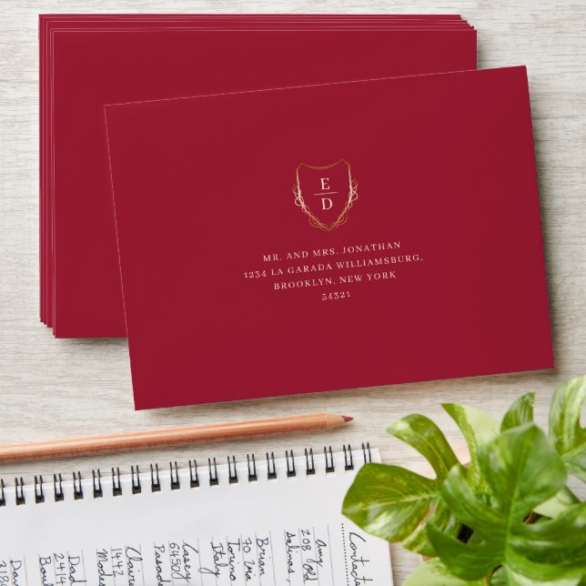 Classic Crimson Gold Monogram Classy Elegant  Envelope (Stacked)