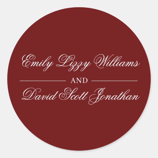 Classic Crimson Red Calligraphy Script Classic Round Sticker (Front)