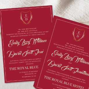 Classic Crimson Red Golden Monogram Whimsical  Invitation