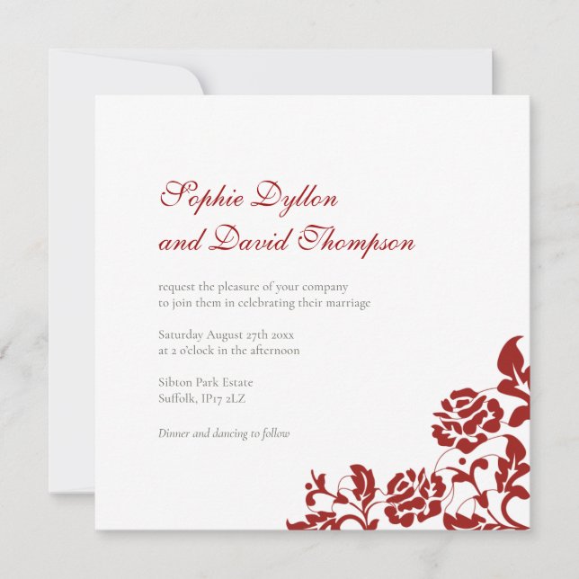 Classic Crimson Red Rose Lace Square Wedding Invitation (Front)