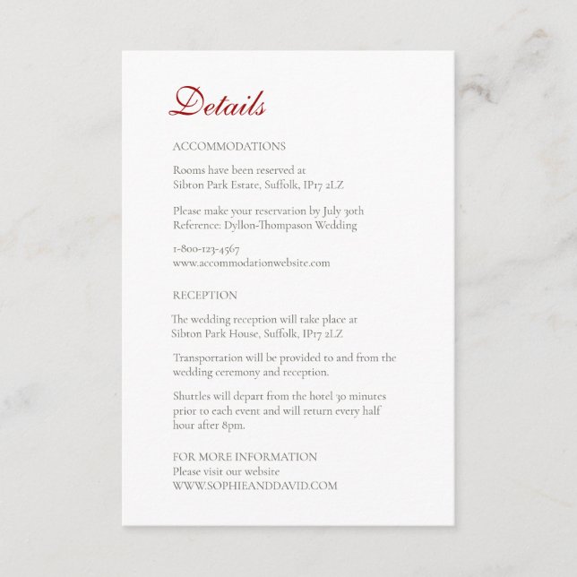 Classic Crimson Red Rose Lace Wedding Details Enclosure Card (Front)