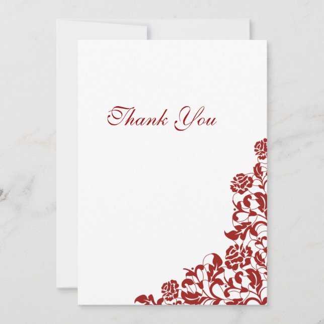 Classic Crimson Red Rose Lace Wedding Thank You Card (Front)