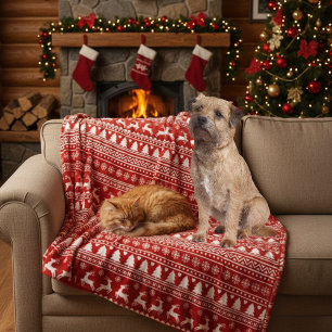 Classic Cristmas Reindeer Snowflakes Red and White Fleece Blanket