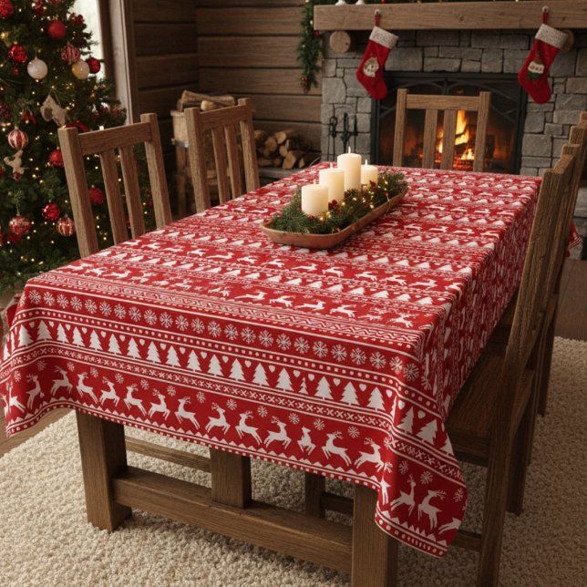 Classic Cristmas Reindeer Snowflakes Red and White Tablecloth (Creator Uploaded)