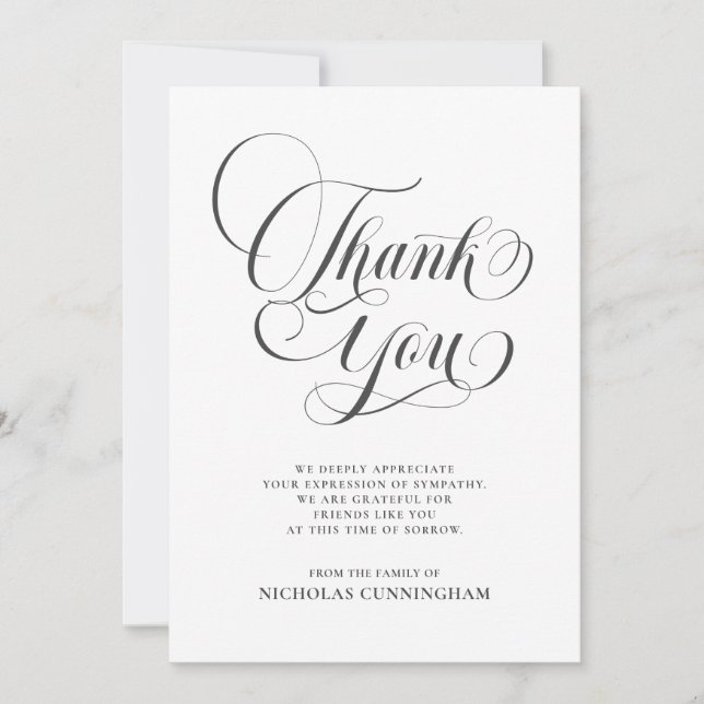 Classic Cursive Script Calligraphy Memorial Thank You Card (Front)