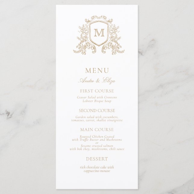 Classic Custom Floral Crest Monogram Wedding  Menu (Front)