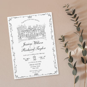 Classic Custom Hand Drawn Venue Manor Illustration Invitation
