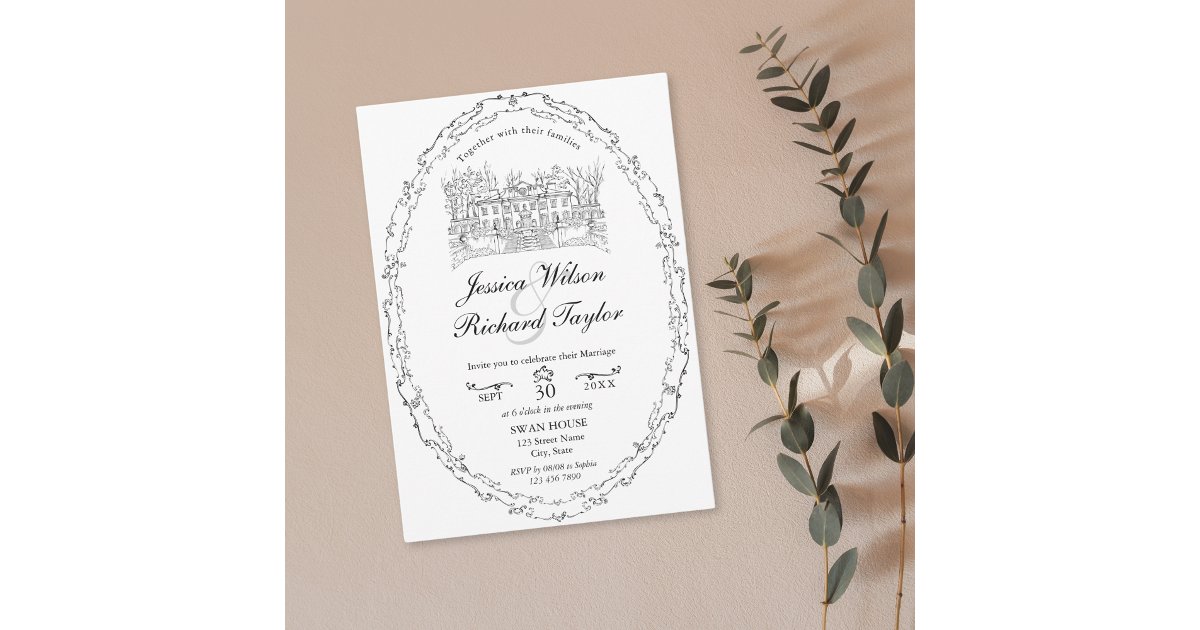 Classic Custom Hand Drawn Venue Manor Illustration Invitation | Zazzle