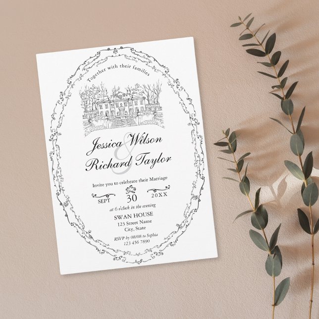 Classic Custom Hand Drawn Venue Manor Illustration Invitation (custom hand drawn classic wedding venue illustration invitation with border)