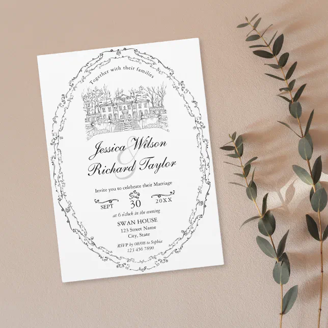 Classic Custom Hand Drawn Venue Manor Illustration Invitation | Zazzle