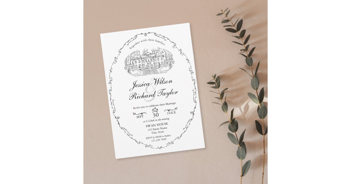 Classic Custom Hand Drawn Venue Manor Illustration Invitation | Zazzle