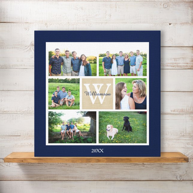 Classic Custom Monogram Family Photo Collage Canvas Print (Creator Uploaded)