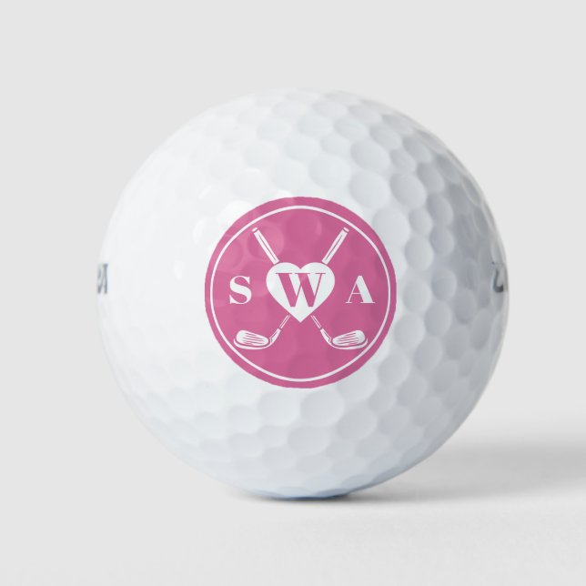 Classic Custom Monogram Golf Club Heart | Pink  Golf Balls (Front)