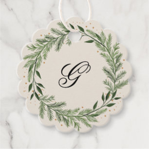 Classic Custom Monogram Pine Wreath Christmas gift Favour Tags