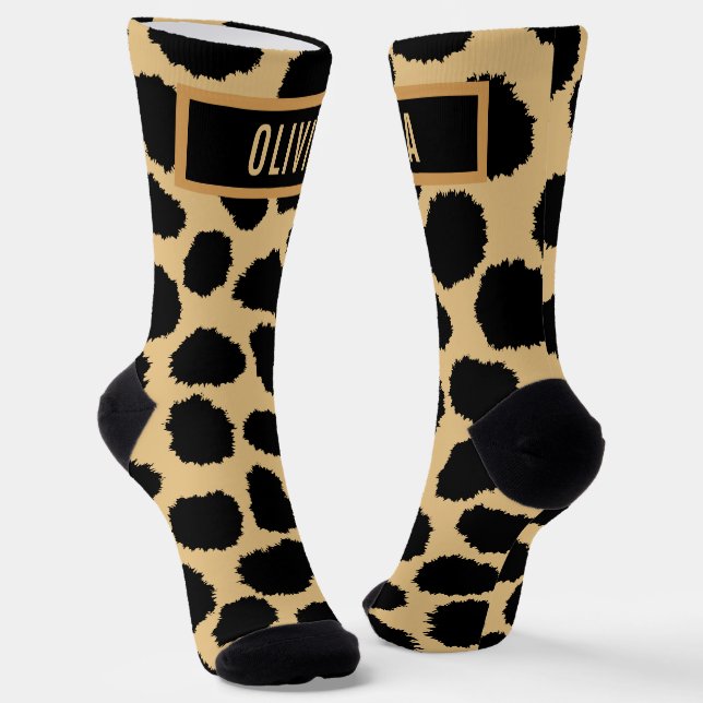 Classic Custom Name Cheetah Animal Print Pattern Socks (Angled)