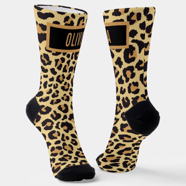 Classic Custom Name Leopard Animal Print Pattern Socks (Angled)