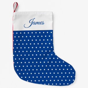Classic Custom Name Navy Blue and White Polka Dot Small Christmas Stocking