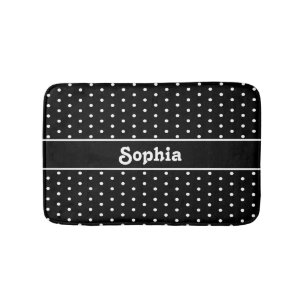 Classic Custom Name Polka Dot Black and White Bath Mat
