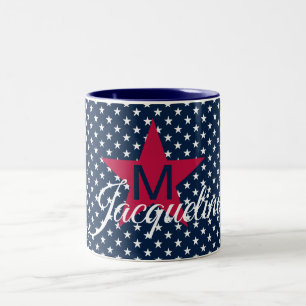 Classic Custom Name White Stars on Navy Two-Tone Coffee Mug