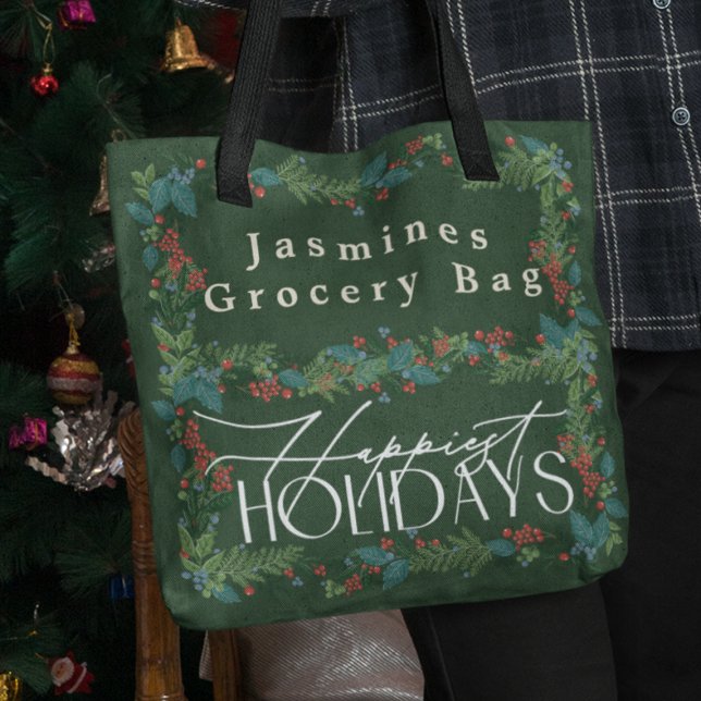 Classic Custom Text Botanical Holiday Christmas Tote Bag (Creator Uploaded)