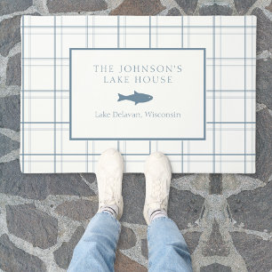 Classic Customisable Plaid Lake House Blue Fish Doormat