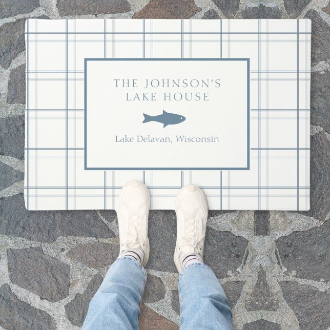 Classic Customisable Plaid Lake House Blue Fish Doormat (Elevate your lake house entrance with an elegant custom-made doormat, bespoke with your family name.)