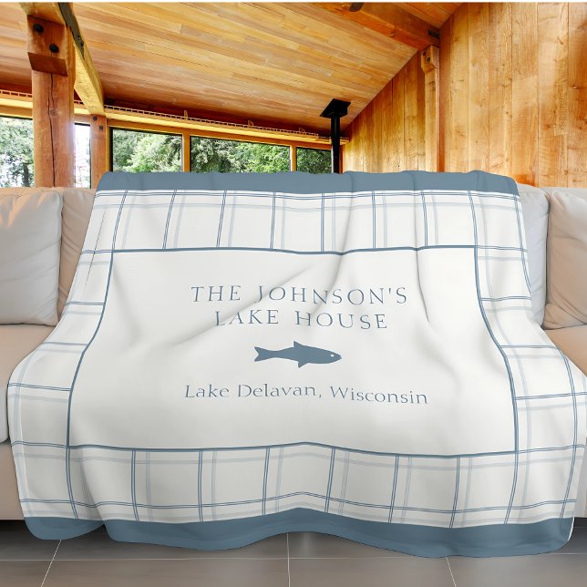 Classic Customisable Plaid Lake House Blue Fish Fleece Blanket (Creator Uploaded)