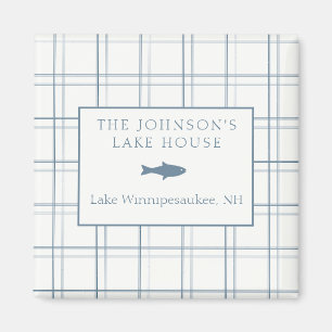 Classic Customisable Plaid Lake House Blue Fish Magnet