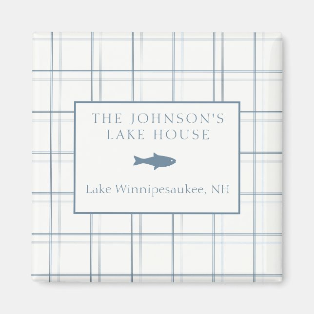 Classic Customisable Plaid Lake House Blue Fish Magnet (Front)
