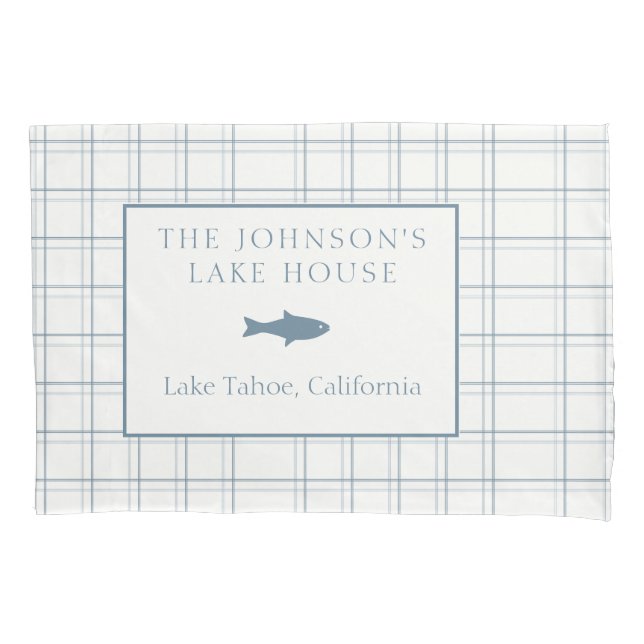 Classic Customisable Plaid Lake House Blue Fish Pillowcase (Front)