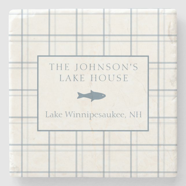 Classic Customisable Plaid Lake House Blue Fish Stone Coaster (Front)