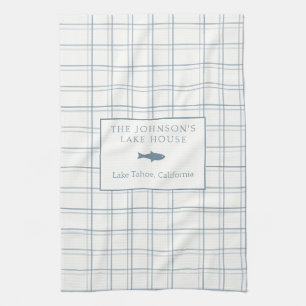 Classic Customisable Plaid Lake House Blue Fish Tea Towel