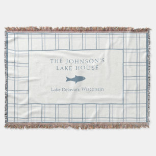 Classic Customisable Plaid Lake House Blue Fish Throw Blanket