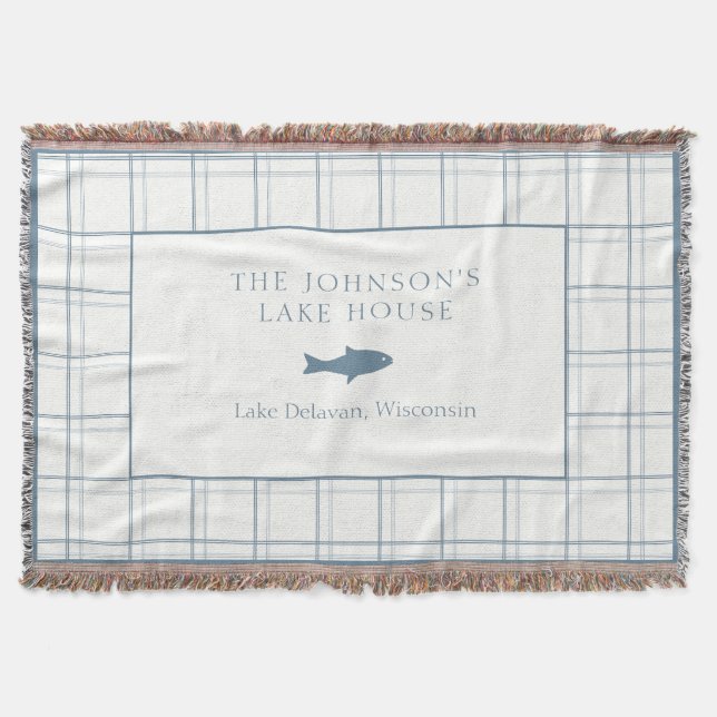 Classic Customisable Plaid Lake House Blue Fish Throw Blanket (Front)